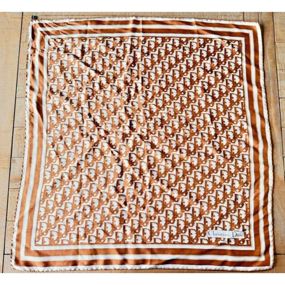 Christian Dior Silk Ivory Brown Trotter Square Scarf Luxury Old Money Classic